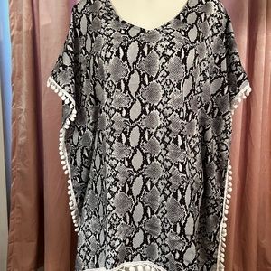 Ss-snake! Black & white snakeskin chiffon kaftan with pom-pom fringe by Adreamly
